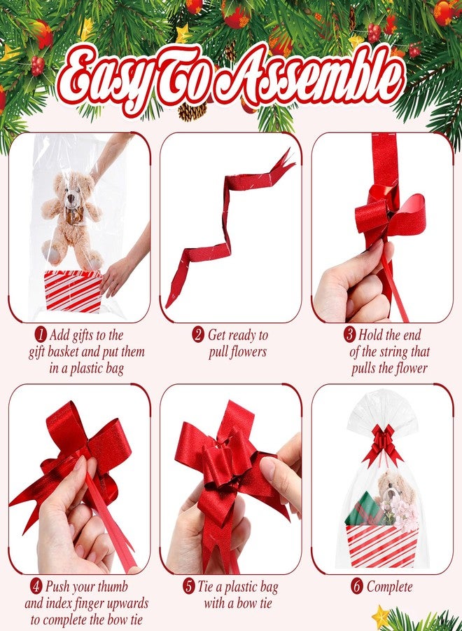 Skyygemm 12 Pcs Christmas Basket for Gifts Empty Kit 9.8 x 6.5'' Gift Basket Empty to Fill Bulk with Handles Cellophane Bags Pull Bows Twists for Holiday Xmas Party Wrapping(Candy Stripe) - Image 4